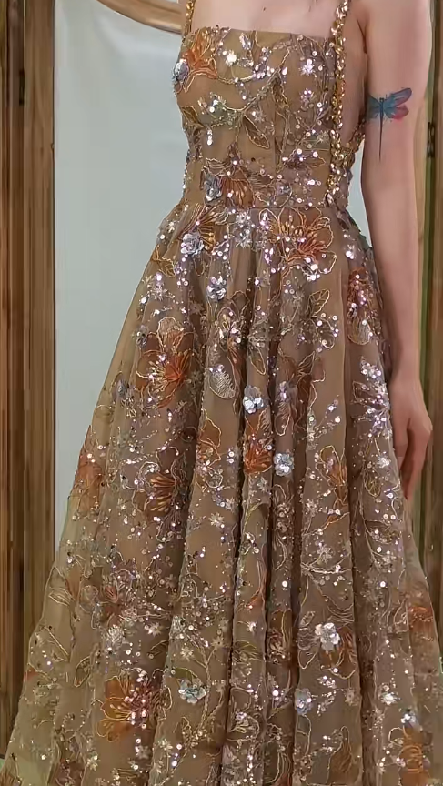 Beautiful Champagne Long Evening Dress Sheath Chiffon Beaded Prom Dress DP07198