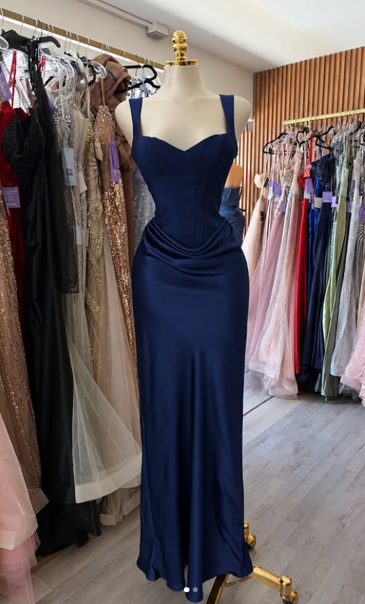 Chic Navy Blue Prom Dress Sheath Satin Long Evening Dress DP07338
