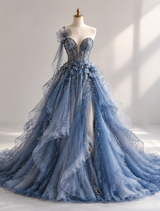Fashion Blue Prom Dress A-Line Tulle Applique Birthday Dress DP07367