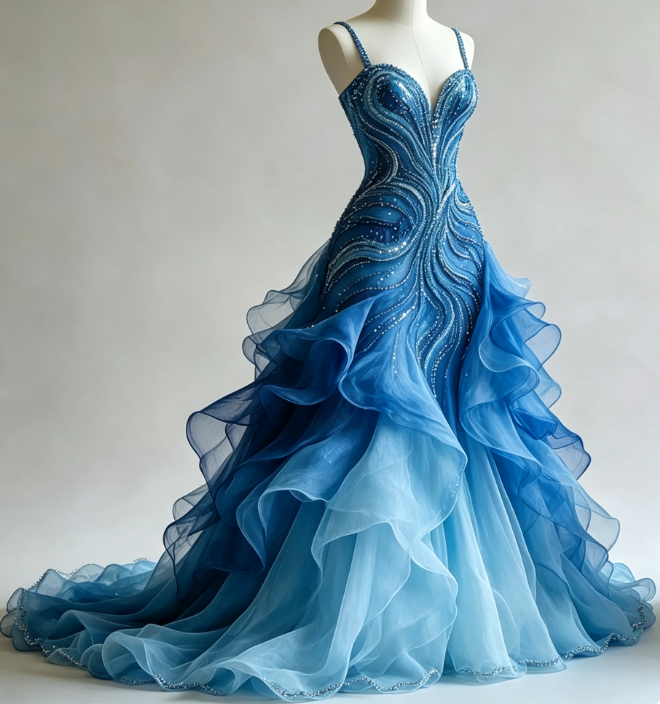 Fashion Blue Prom Dress A-Line Tulle Applique Birthday Dress DP07368