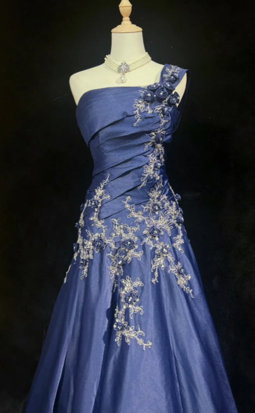 Chic Sheath Satin Long Evening Dress Navy Blue Prom Dress DP07393