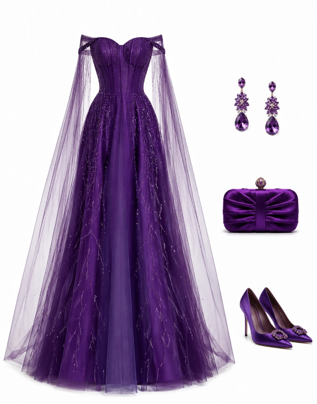 Chic A-Line Tulle Long Evening Dress Dark Purple Prom Dress DP07398