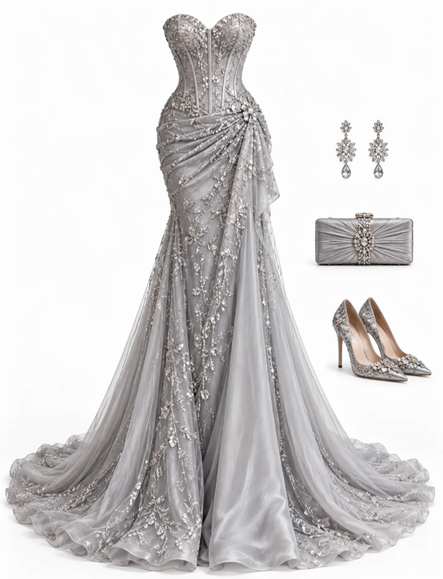 Fairy Sheath Tulle Long Prom Dress Grey Evening Dress DP07435