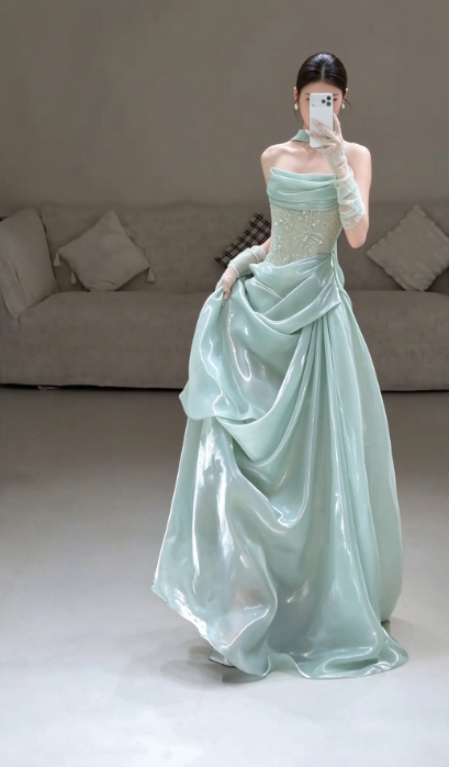 Fairy Sheath Satin Long Prom Dress Green Evening Dress DP07436