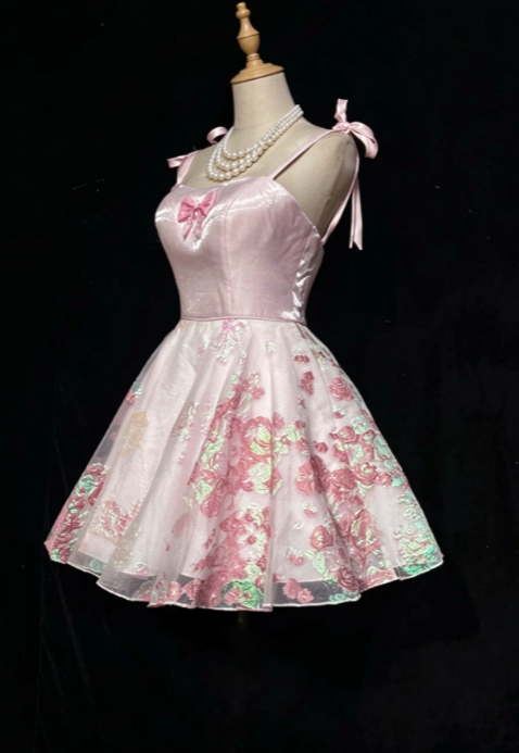 Straps Pink Short Homecoming Dress A-Line Satin Birthday Mini Dress DP07476