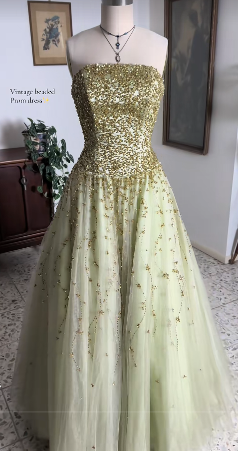 Robe de bal en tulle vert, coupe trapèze, bustier, longue robe de soirée DP07485