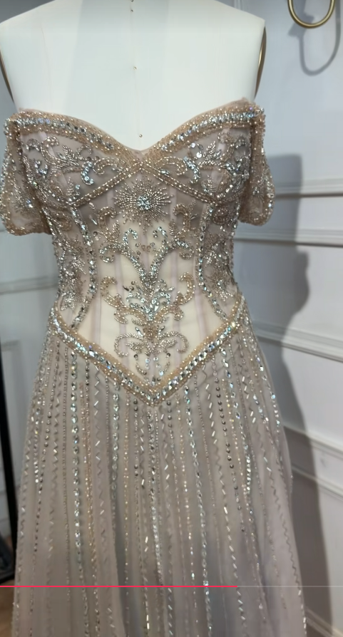 Robe de bal en tulle champagne, robe de soirée longue trapèze perlée DP07487