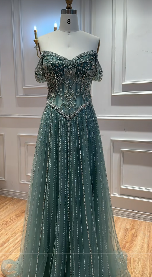 Robe de bal en tulle vert, coupe trapèze, perlée, longue robe de soirée DP07489
