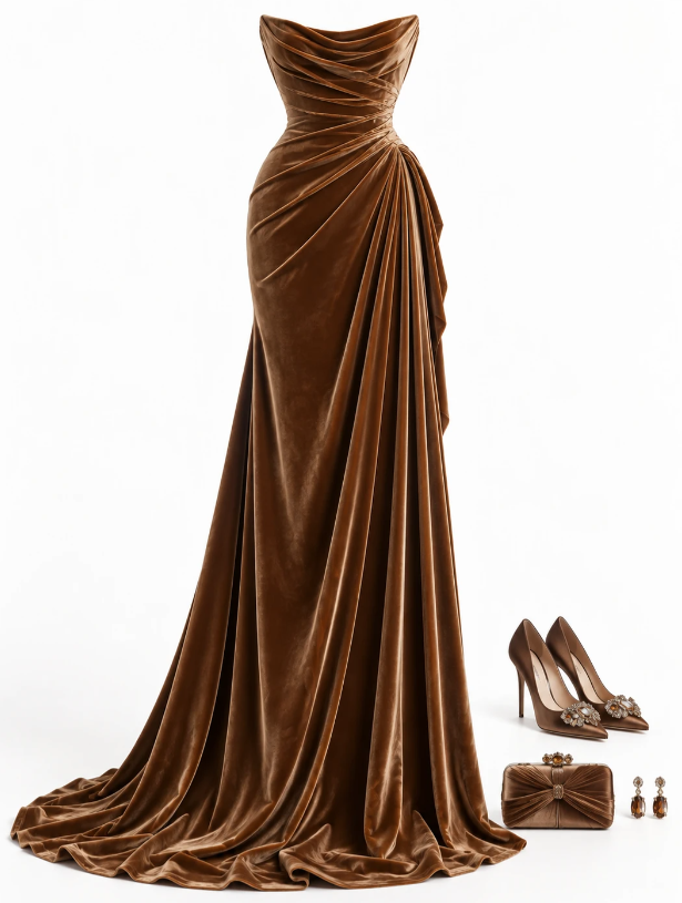 Brown Prom Dress Sheath Velvet Long Evening Dress DP07531