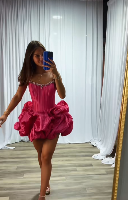 Pretty Hot Pink Short Birthday Dress Sheath Satin Birthday Dress DP07543