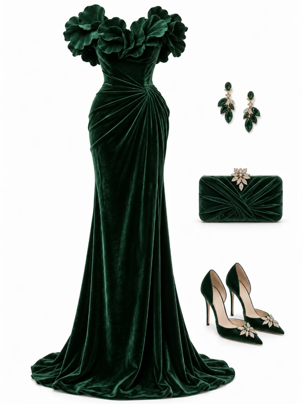 Elegant Dark Green Prom Dress Sheath Velvet Long Evening Dress DP07613