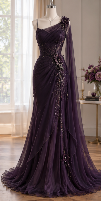 Elegant Dark Purple Beaded Prom Dress Sheath Chiffon Long Evening Dress DP07625