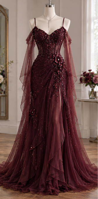 Elegant Burgundy Beaded Prom Dress Sheath Chiffon Long Evening Dress DP07626
