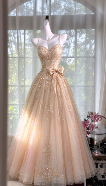 Chic Champagne Prom Dress A-Line Tulle Long Evening Dress DP07634