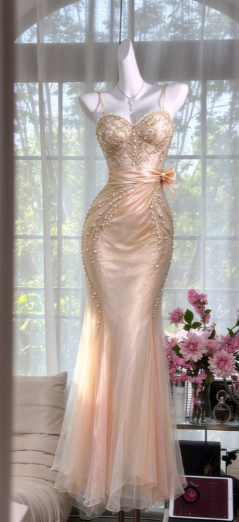 Chic Champagne Prom Dress Sheath Tulle Long Evening Dress DP07636