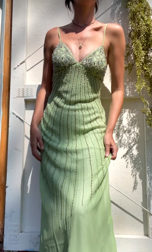 Chic Green Beaded Prom Dress Sheath Tulle Long Evening Dress DP07641
