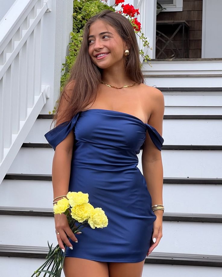 Pretty Navy Blue Short Homecoming Dress Sheath Satin Birthday Dress DP07663