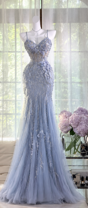 Chic Blue Beaded Prom Dress Sheath Tulle Long Evening Dress DP07669