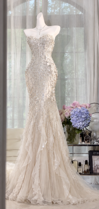 Chic White Beaded Prom Dress Sheath Tulle Long Evening Dress DP07670