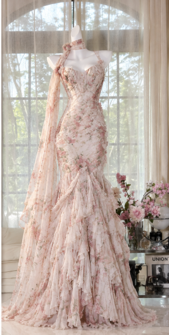 Chic Light Pink Floral Prom Dress Sheath Chiffon Long Evening Dress DP07673