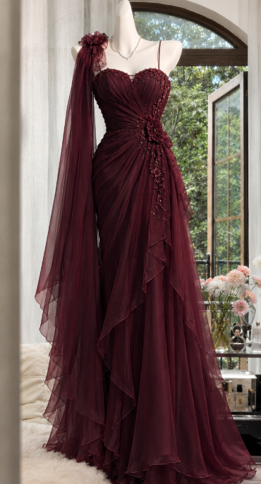 Chic Burgundy Prom Dress Sheath Chiffon Long Evening Dress DP07697