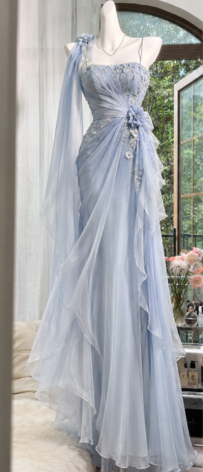 Chic Blue Prom Dress Sheath Chiffon Long Evening Dress DP07698