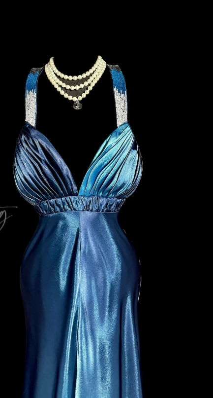 Chic Blue Prom Dress Sheath Satin Long Evening Dress DP07699