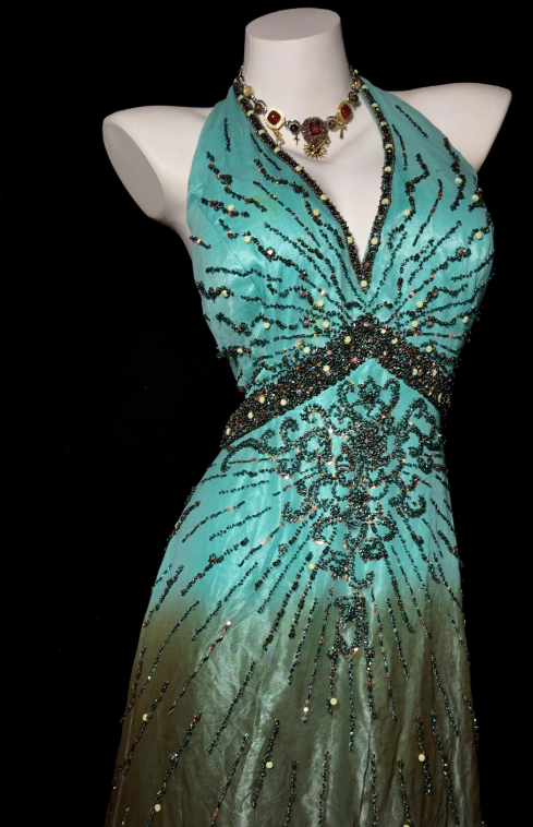 Chic Blue Prom Dress Sheath Satin Beaded Long Evening Dress DP07736