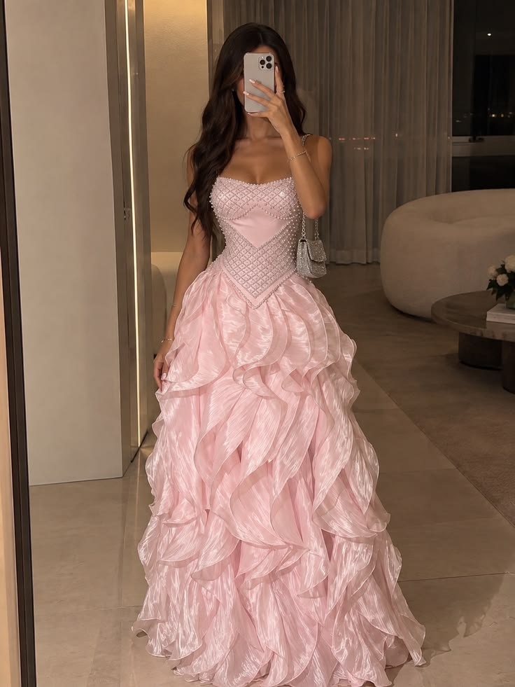 Glam Pink Prom Dress A-Line Chiffon Long Evening Dress DP07798