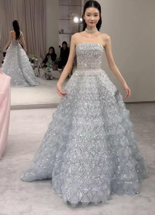 Chic Blue Long Prom Dress A-Line Tulle Beaded Evening Dress DP07825