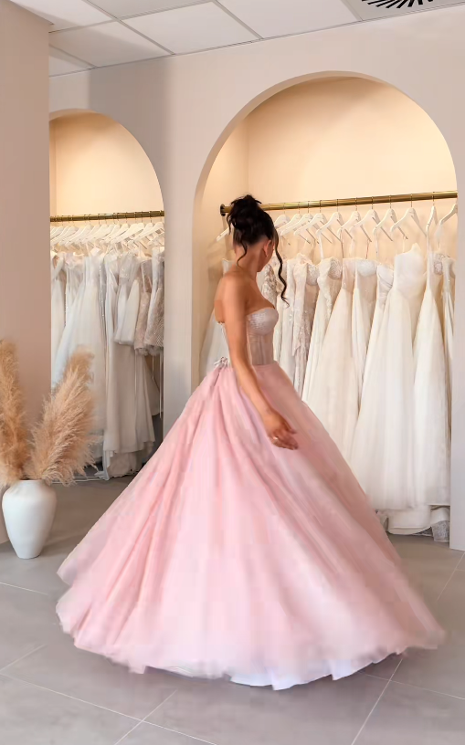 Gorgeous Strapless A-Line Long Evening Dress Tulle Pink Prom Dress DP07848