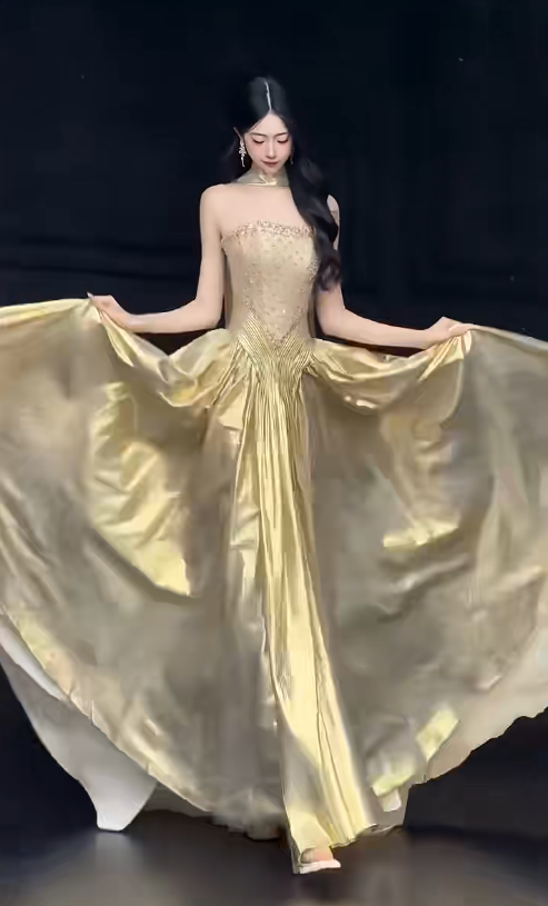 Chic Gold Prom Dress Sheath Satin Long Evening Dress DP07851
