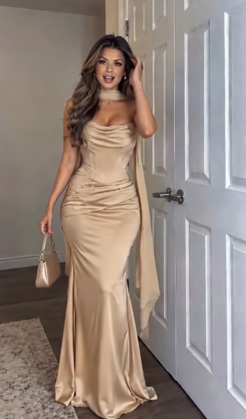 Chic Champagne Prom Dress Sheath Satin Long Evening Dress DP07856