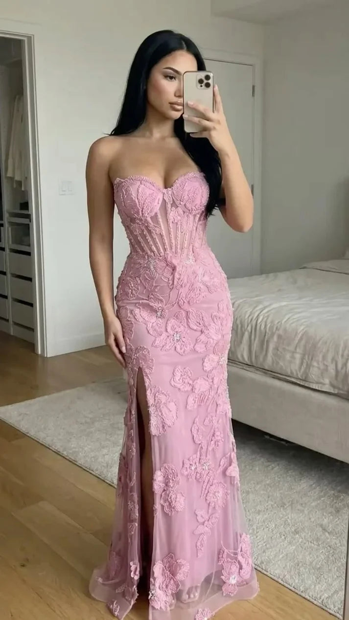 Chic Pink Prom Dress Sheath Chiffon Beaded Long Evening Dress DP07862