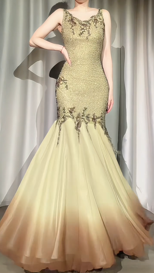 Chic Gold Prom Dress Sheath Chiffon Beaded Long Evening Dress DP07865