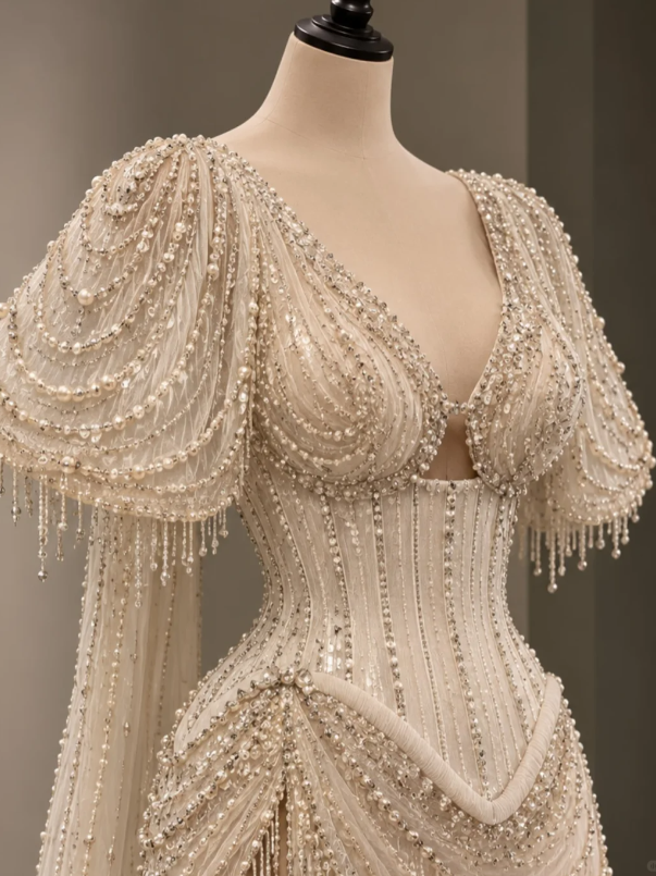 Chic Champagne Prom Dress Sheath Tulle Beaded Long Evening Dress DP07869