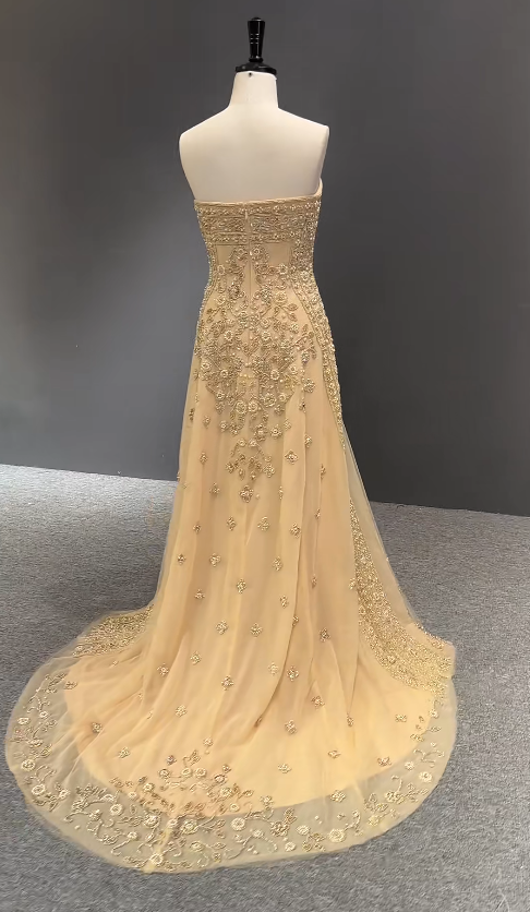 Jolie robe de bal dorée, robe de soirée longue fourreau en mousseline perlée DP07894