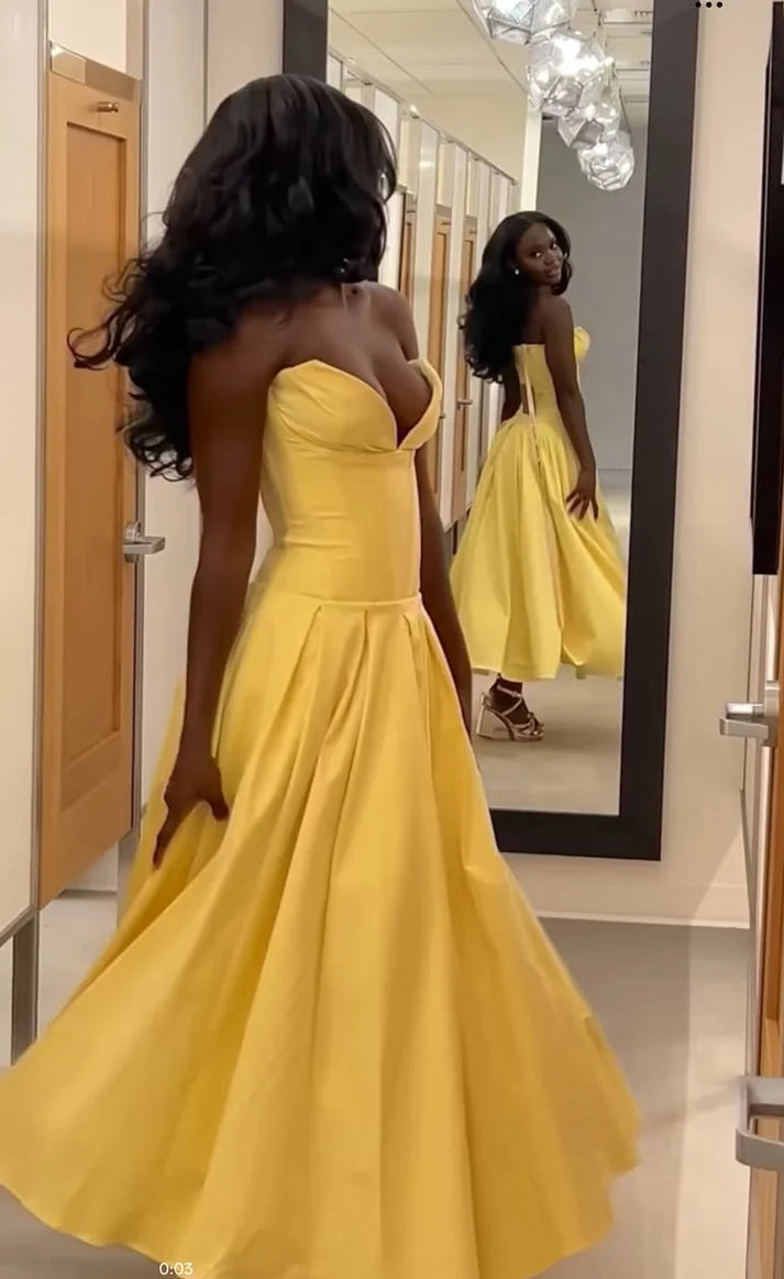 Pretty Yellow Prom Dress A-Line Satin Long Evening Dress DP07900