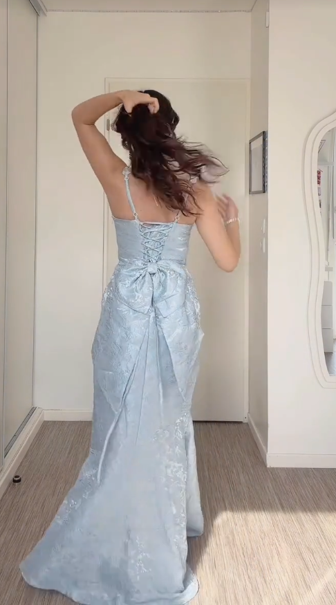 Pretty Pale Blue Prom Dress Mermaid Satin Long Evening Dress DP07919