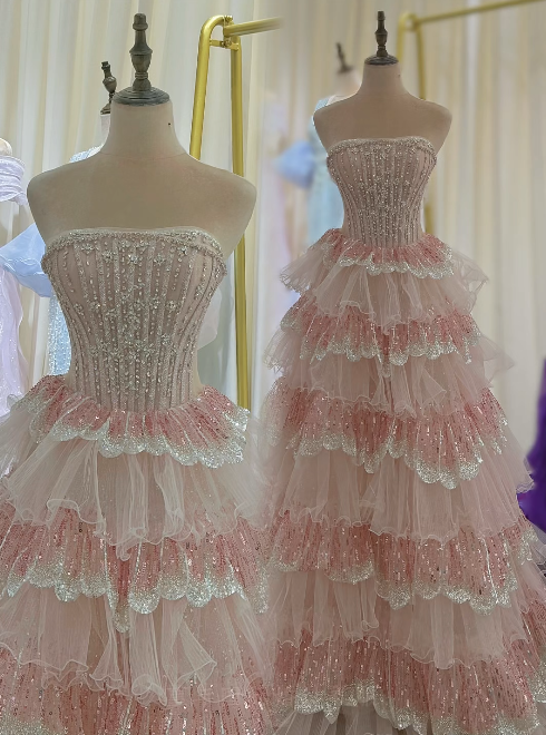 Gorgeous Strapless Pink Prom Dress Sequins A-Line Tulle Long Evening Dress DP07949