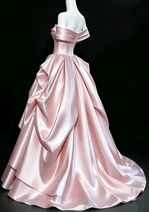 Cute Off-shoulder Sweet 16 Dress Pink Prom Dress A-Line Satin Long Evening Dress DP07956