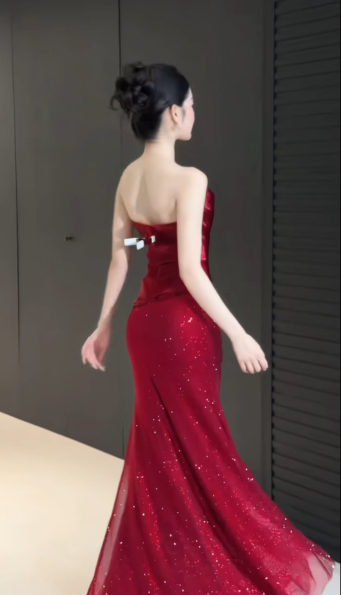 Glam Strapless Red Prom Dress Sheath Chiffon Glitter Long Evening Dress DP07957