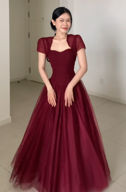 Glam Burgundy Prom Dress A-Line Tulle Long Evening Dress DP07960