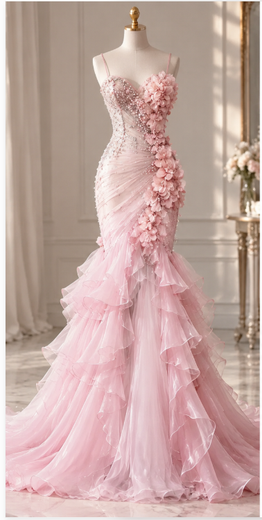 Cute Mermaid Tulle Long Evening Dress Pink Prom Dress DP07981