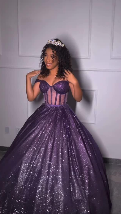 Gorgeous A-Line Long Evening Dress Giltter Tulle Sweet 16 Dress Deep Purple Prom Dress DP07984