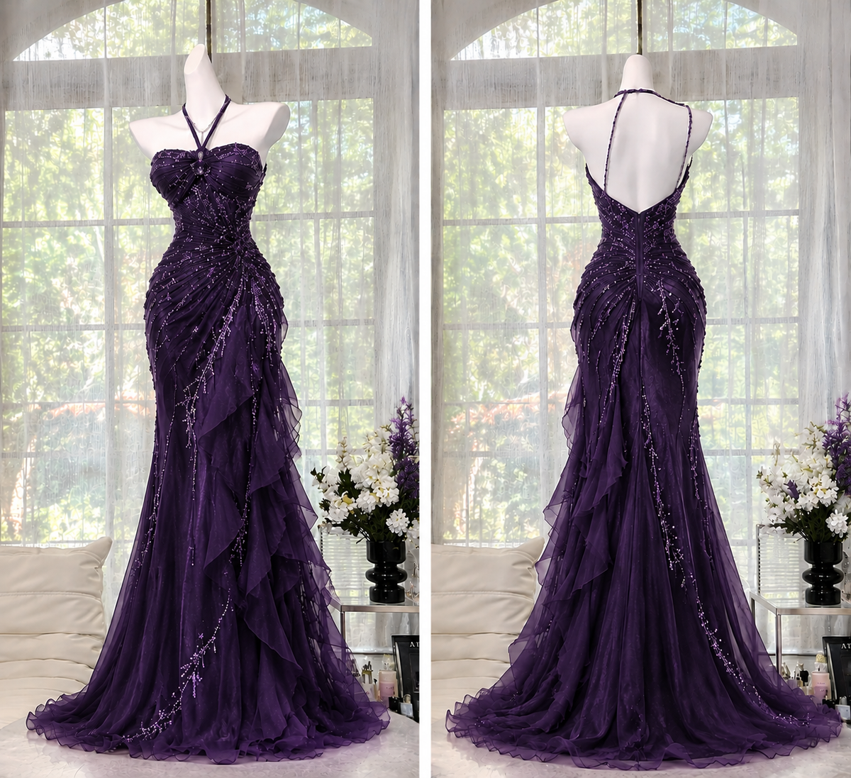 Vintage Sheath Beaded Chiffon Long Evening Dress Deep Purple Prom Dress DP07989