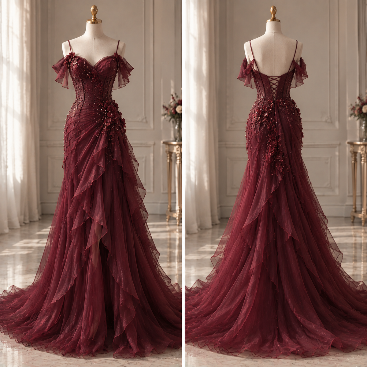 Elegantes, figurbetontes langes Abendkleid aus Chiffon mit Perlenbesatz in Burgunderrot – Ballkleid DP07995