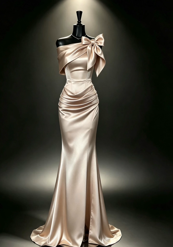 Elegantes langes Abendkleid aus Satin in Etui-Passform, champagnerfarbenes Ballkleid DP07999
