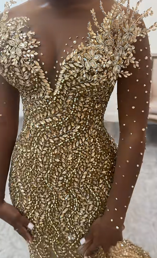 Elegant Sheath Beaded Tulle Long Evening Dress Gold Prom Dress DP08004