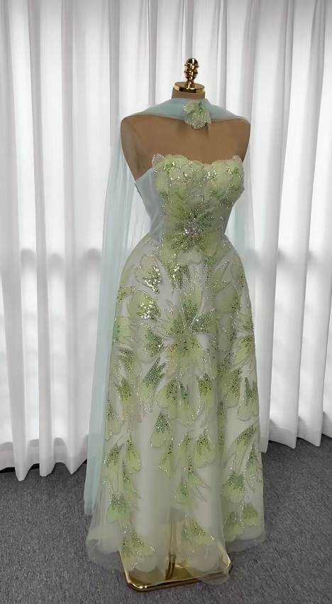 Fairy Strapless A-Line Tulle Long Evening Dress Green Prom Dress DP08007